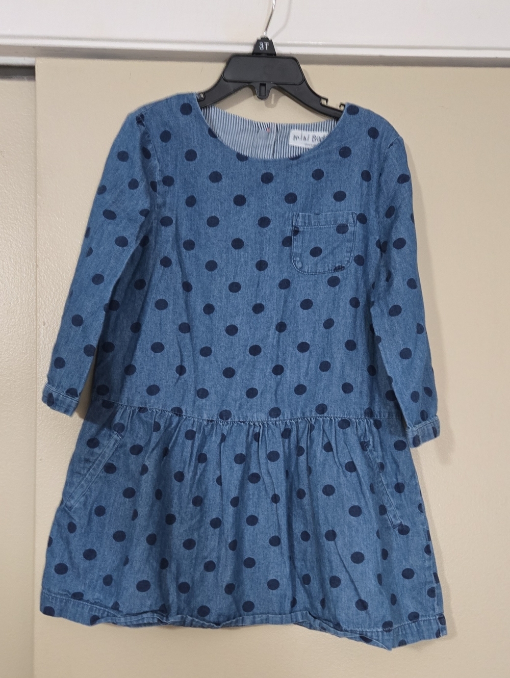 Mini Boden Girls Blue Denim Polka Dot Dress Size 7-8 Year Old